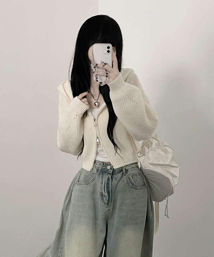 여리무드하찌벌룬투웨이후드니트집업 아이보리