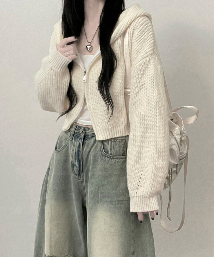 여리무드하찌벌룬투웨이후드니트집업 아이보리