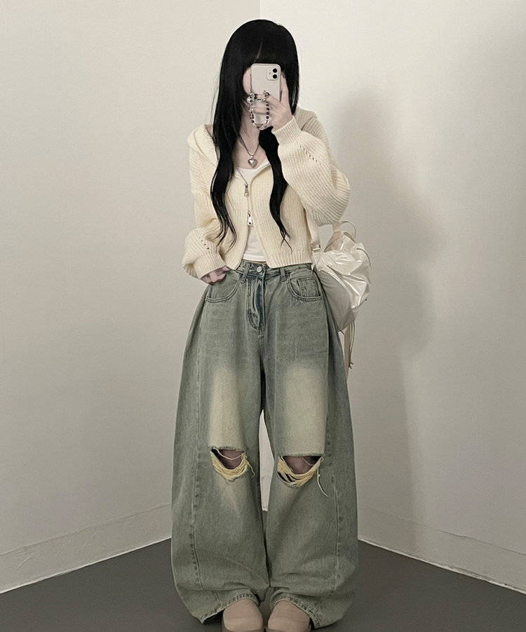 여리무드하찌벌룬투웨이후드니트집업 아이보리