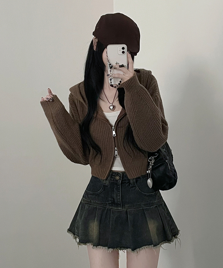 여리무드하찌벌룬투웨이후드니트집업 밤색