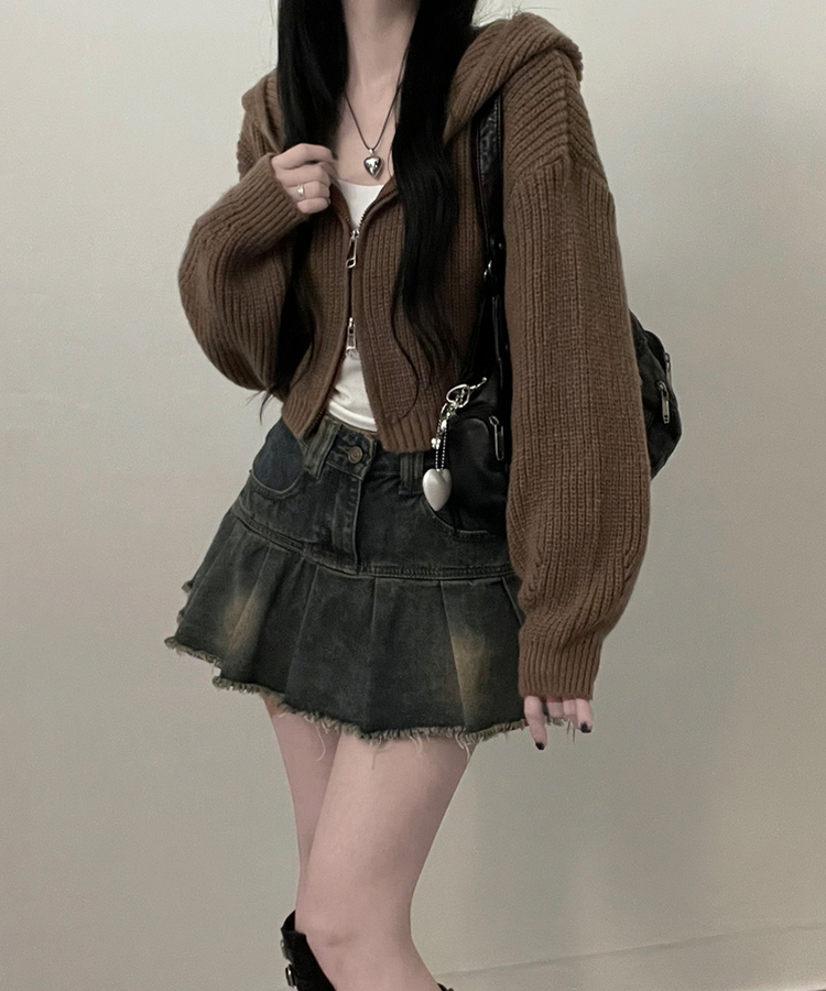 여리무드하찌벌룬투웨이후드니트집업 밤색