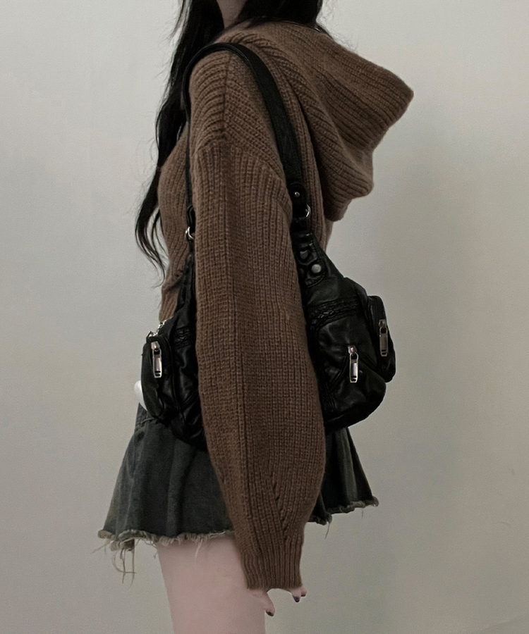 여리무드하찌벌룬투웨이후드니트집업 밤색