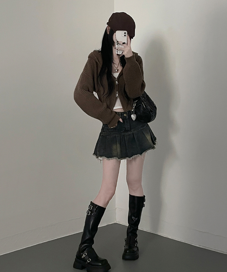 여리무드하찌벌룬투웨이후드니트집업 밤색