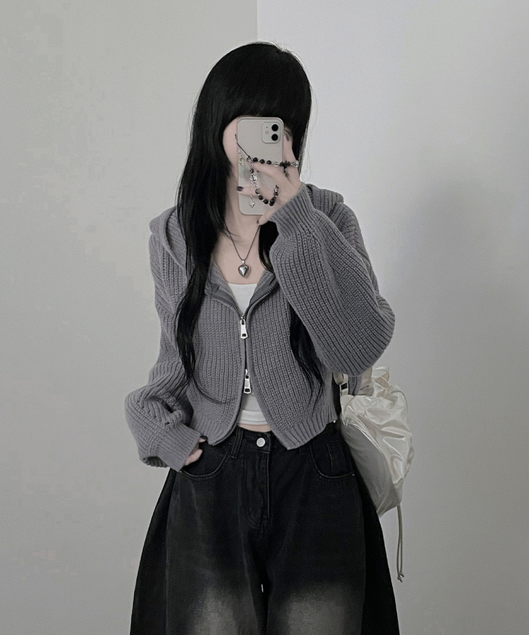 여리무드하찌벌룬투웨이후드니트집업 그레이