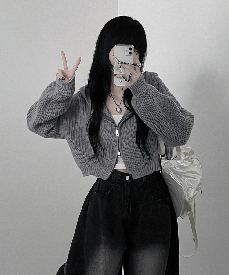 여리무드하찌벌룬투웨이후드니트집업 그레이