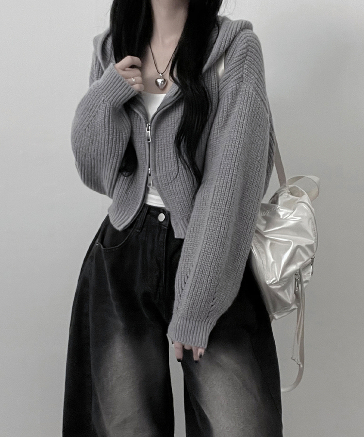 여리무드하찌벌룬투웨이후드니트집업 그레이