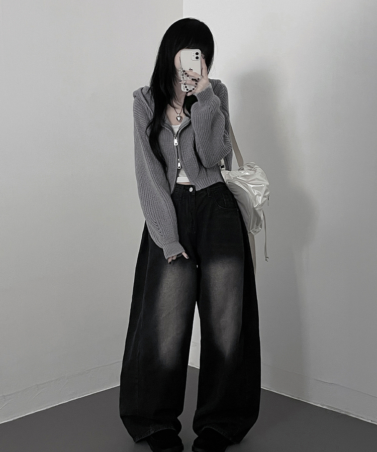 여리무드하찌벌룬투웨이후드니트집업 그레이