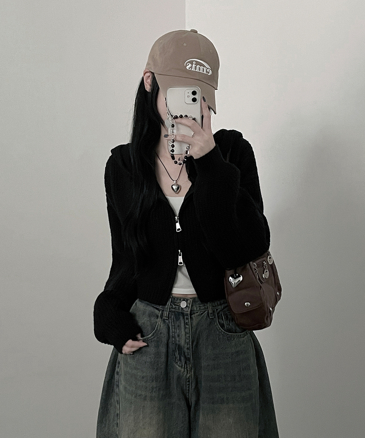 여리무드하찌벌룬투웨이후드니트집업 블랙