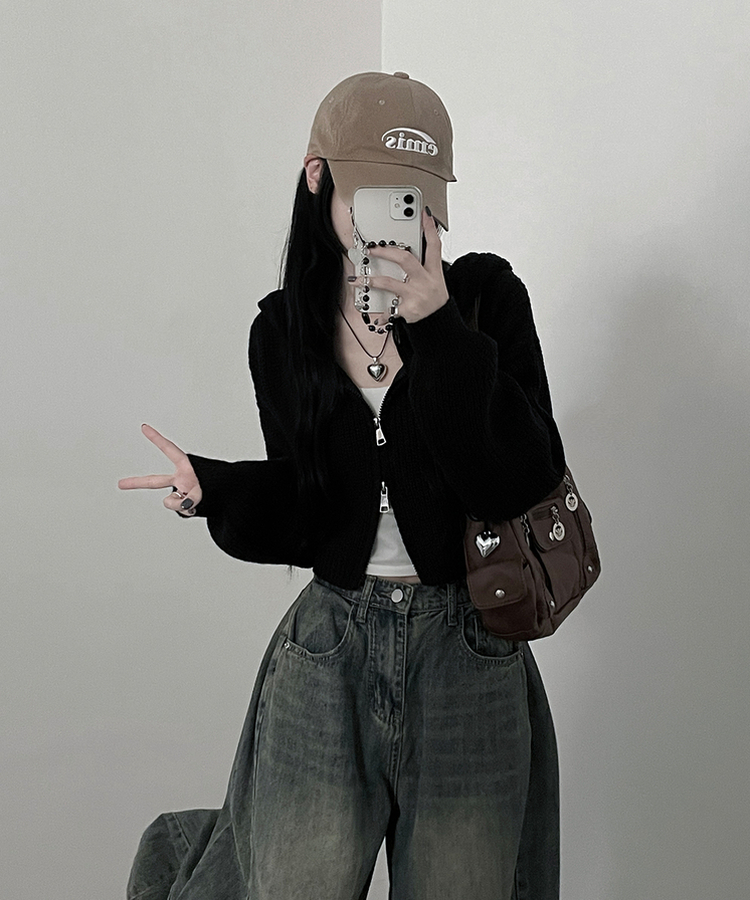 여리무드하찌벌룬투웨이후드니트집업 블랙