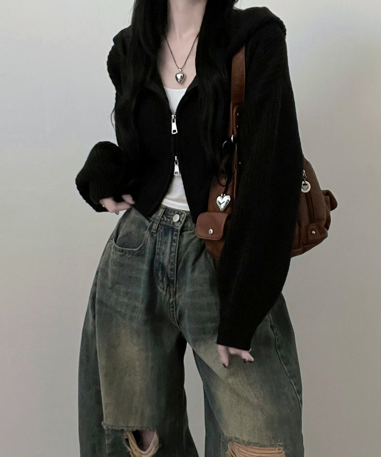 여리무드하찌벌룬투웨이후드니트집업 블랙