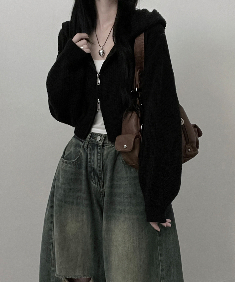 여리무드하찌벌룬투웨이후드니트집업 블랙