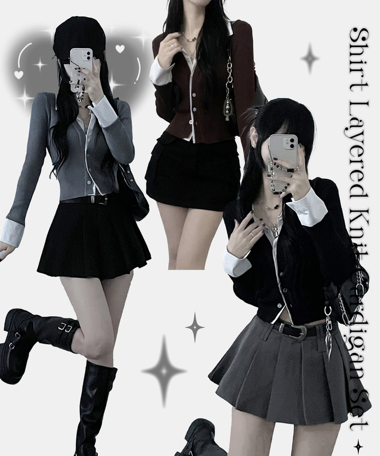 시크모던골지셔츠레이어드니트가디건세트 그레이