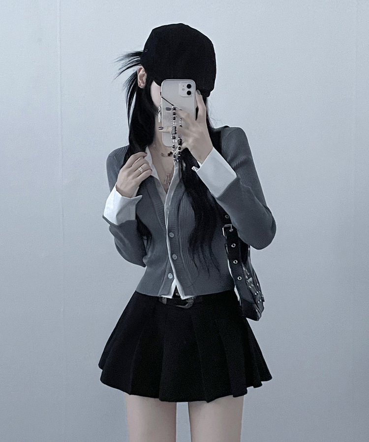 시크모던골지셔츠레이어드니트가디건세트 그레이