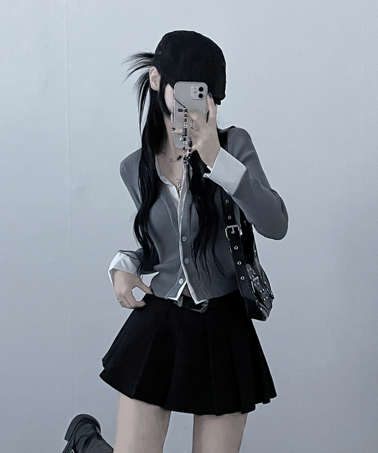 시크모던골지셔츠레이어드니트가디건세트 그레이