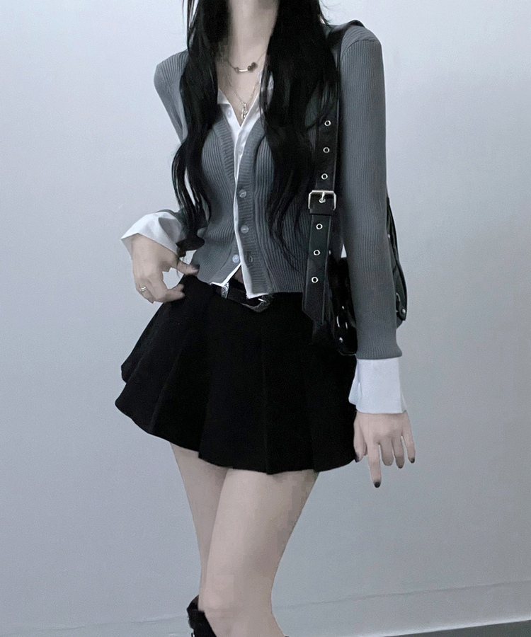 시크모던골지셔츠레이어드니트가디건세트 그레이