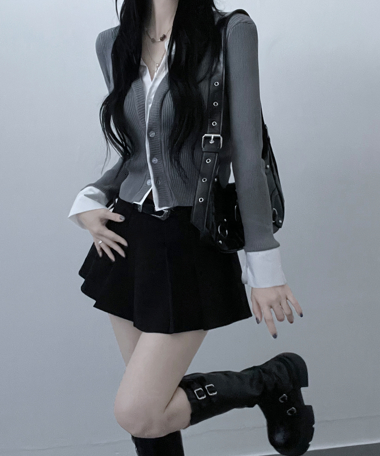 시크모던골지셔츠레이어드니트가디건세트 그레이