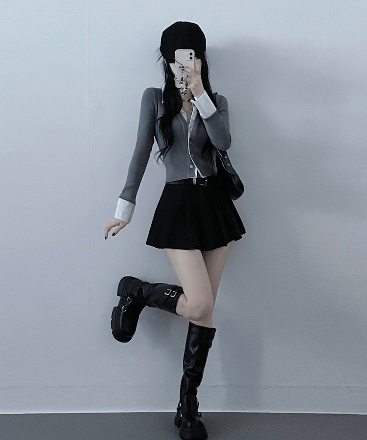 시크모던골지셔츠레이어드니트가디건세트 그레이