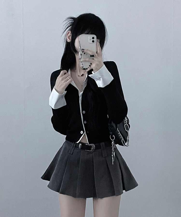 시크모던골지셔츠레이어드니트가디건세트 블랙