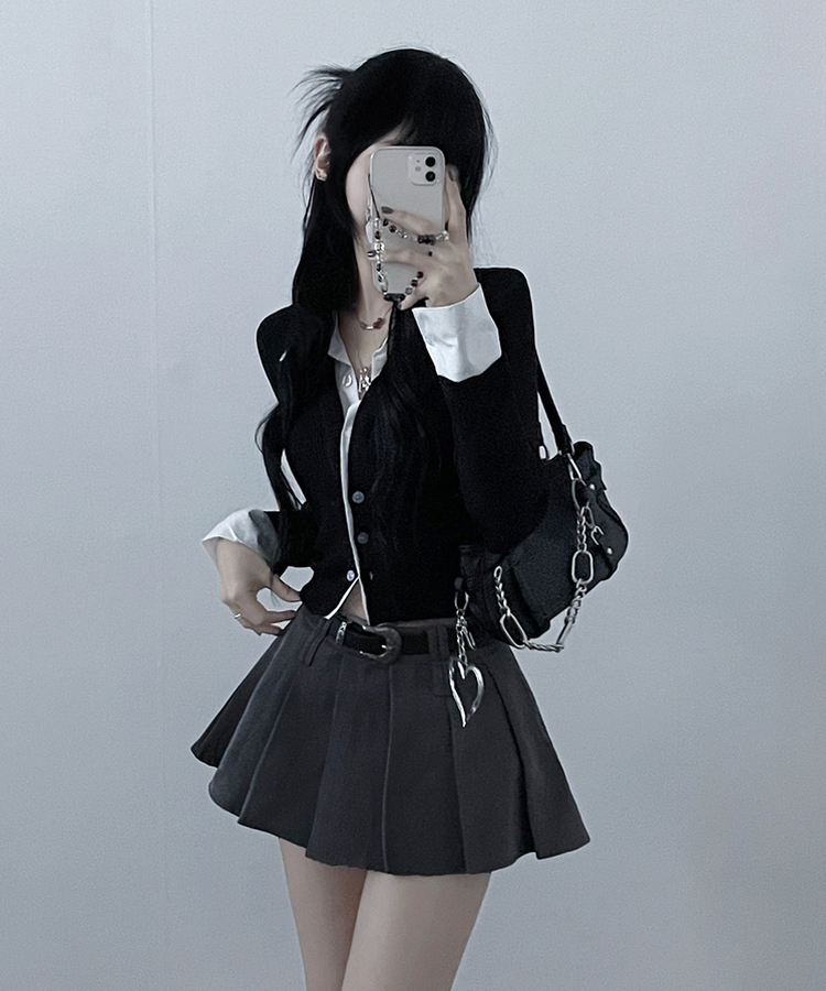 시크모던골지셔츠레이어드니트가디건세트 블랙