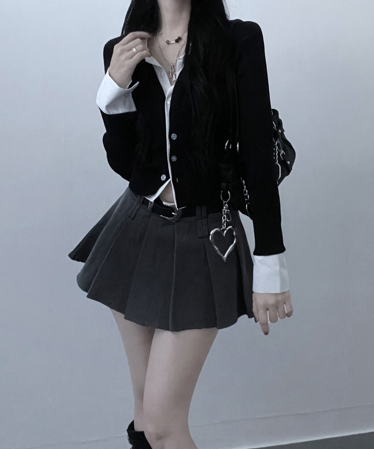 시크모던골지셔츠레이어드니트가디건세트 블랙