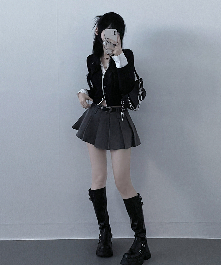 시크모던골지셔츠레이어드니트가디건세트 블랙