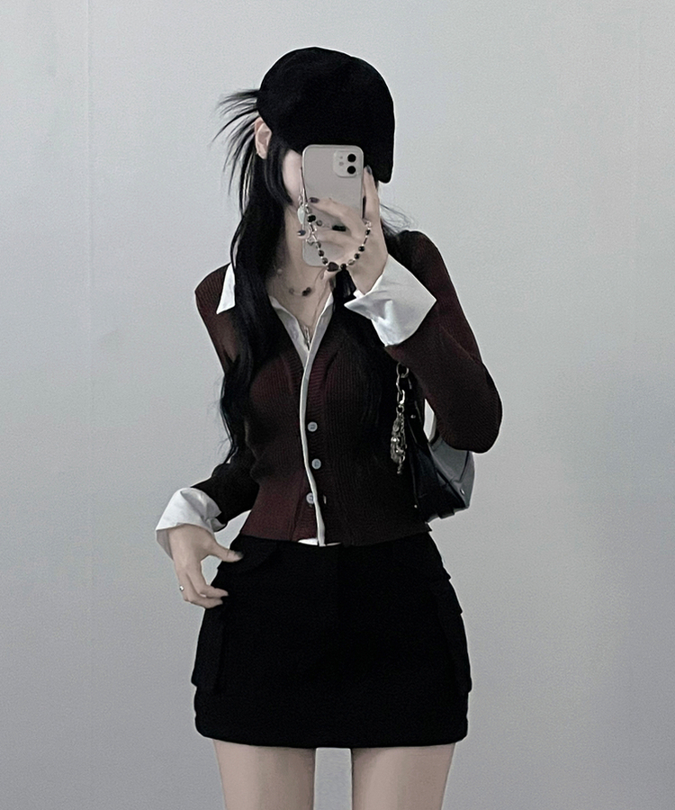 시크모던골지셔츠레이어드니트가디건세트 브라운