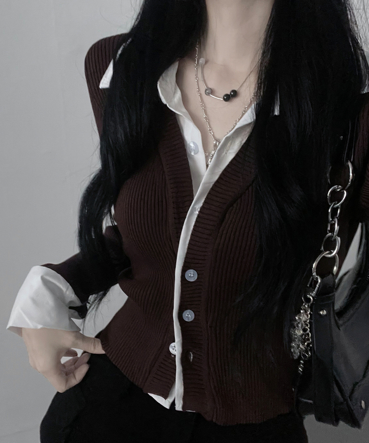 시크모던골지셔츠레이어드니트가디건세트 브라운