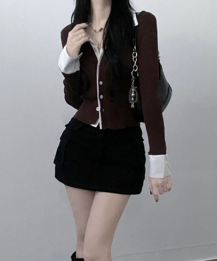 시크모던골지셔츠레이어드니트가디건세트 브라운
