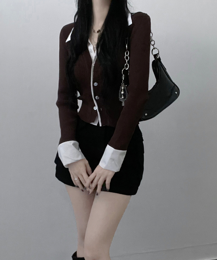 시크모던골지셔츠레이어드니트가디건세트 브라운