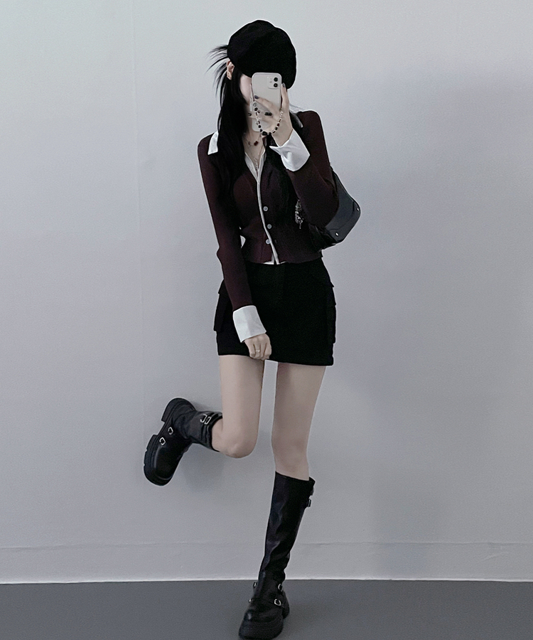 시크모던골지셔츠레이어드니트가디건세트 브라운