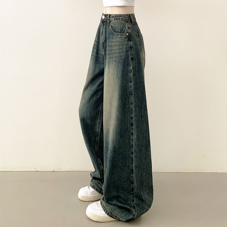 빈티지힙 워싱 와이드 데님 벌룬청바지 빅사이즈 키작녀 키큰녀 진청