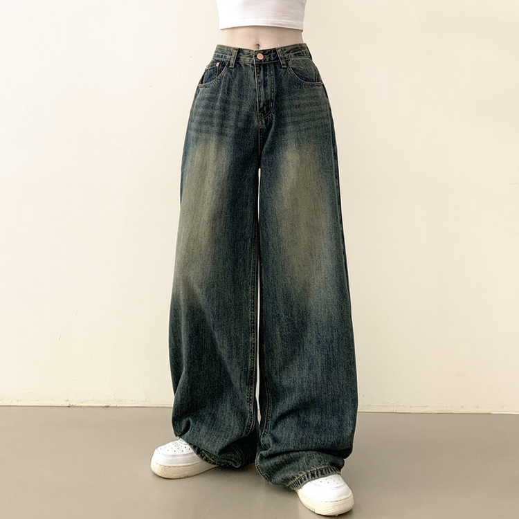 빈티지힙 워싱 와이드 데님 벌룬청바지 빅사이즈 키작녀 키큰녀 진청