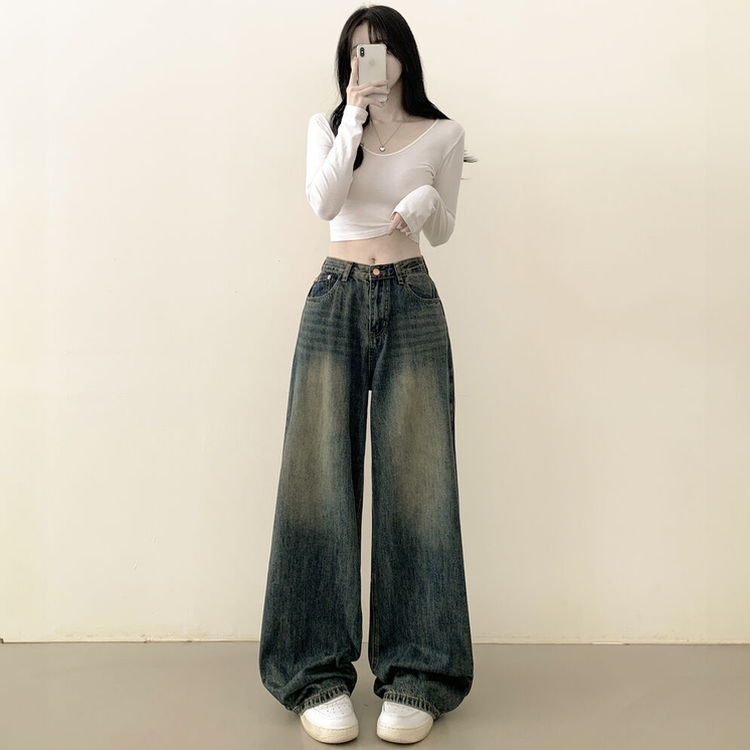 빈티지힙 워싱 와이드 데님 벌룬청바지 빅사이즈 키작녀 키큰녀 진청