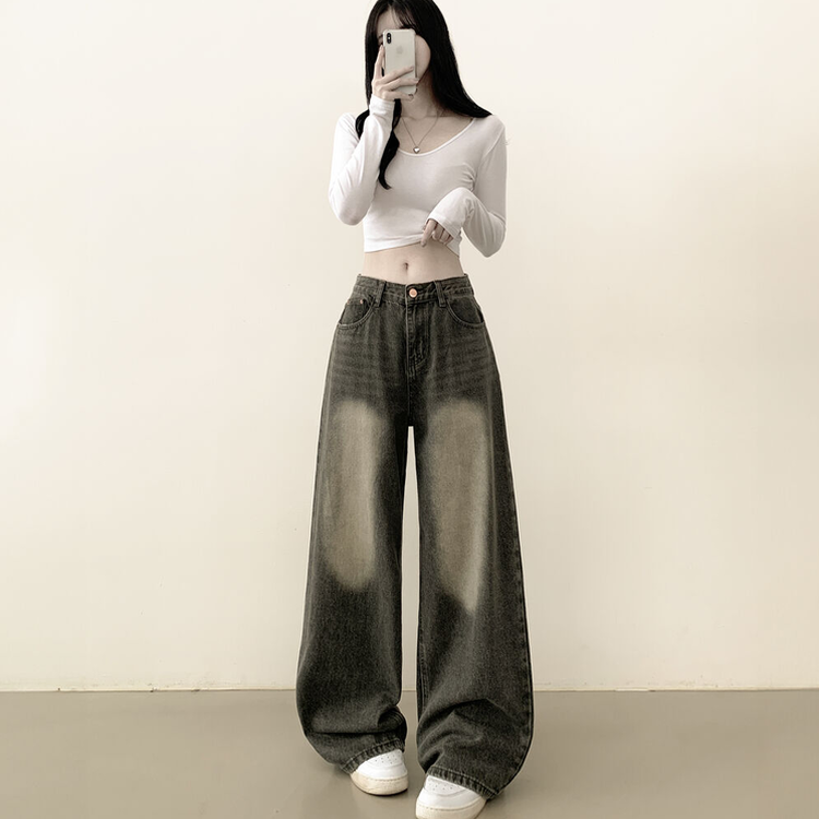 빈티지힙 워싱 와이드 데님 벌룬청바지 빅사이즈 키작녀 키큰녀 카키그레이
