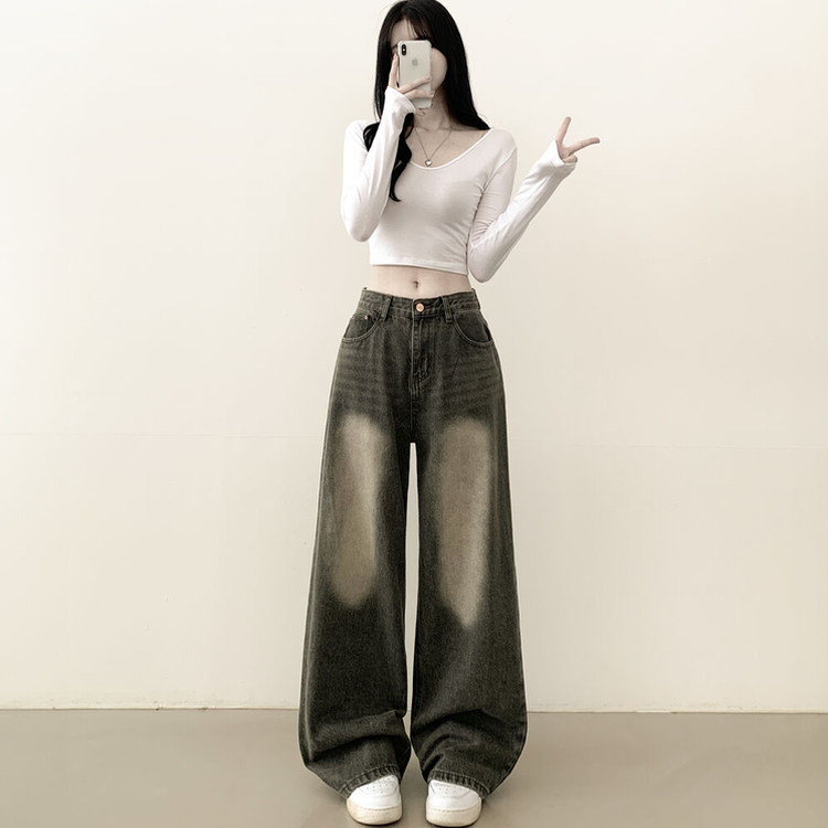 빈티지힙 워싱 와이드 데님 벌룬청바지 빅사이즈 키작녀 키큰녀 카키그레이