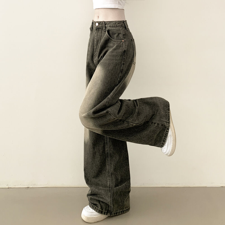 빈티지힙 워싱 와이드 데님 벌룬청바지 빅사이즈 키작녀 키큰녀 카키그레이