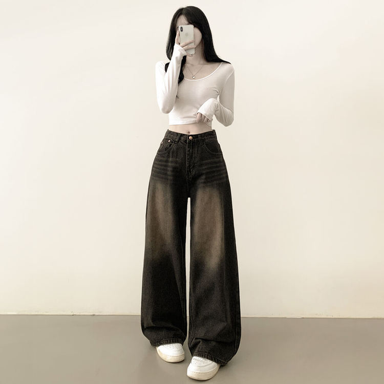 빈티지힙 워싱 와이드 데님 벌룬청바지 빅사이즈 키작녀 키큰녀 다크브라운