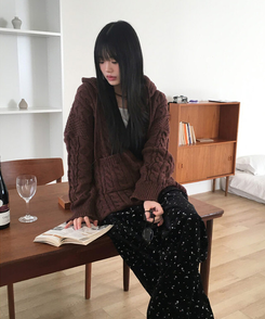 フードワンピースニットジップアップ｜ジャンパー｜韓国ファッション