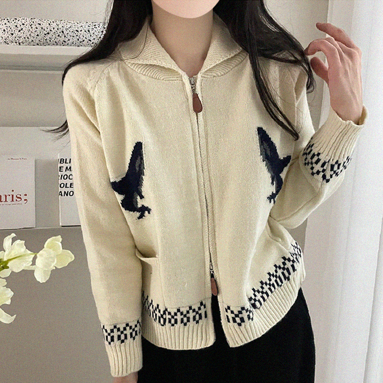 イルカ刺繍ニットルーズフィットジップアップ｜ジャンパー｜韓国