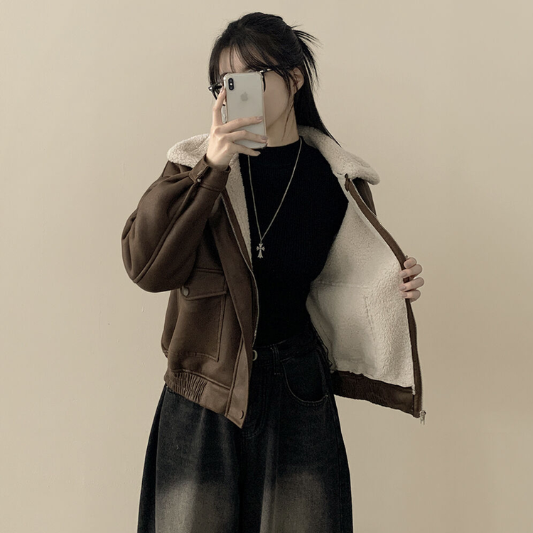 スエードムートンファーボアクロップジャケット｜ジャンパー｜韓国