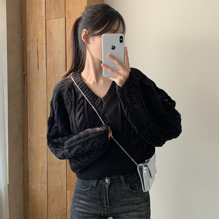 ケーブルVネックニット(6color) BLACK