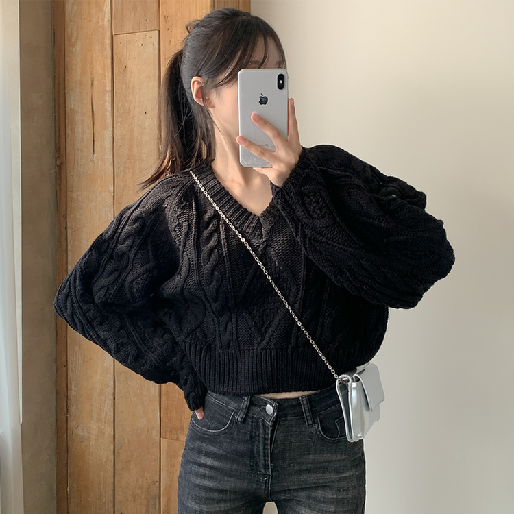 ケーブルVネックニット(6color) BLACK