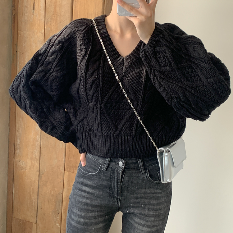 ケーブルVネックニット(6color) BLACK