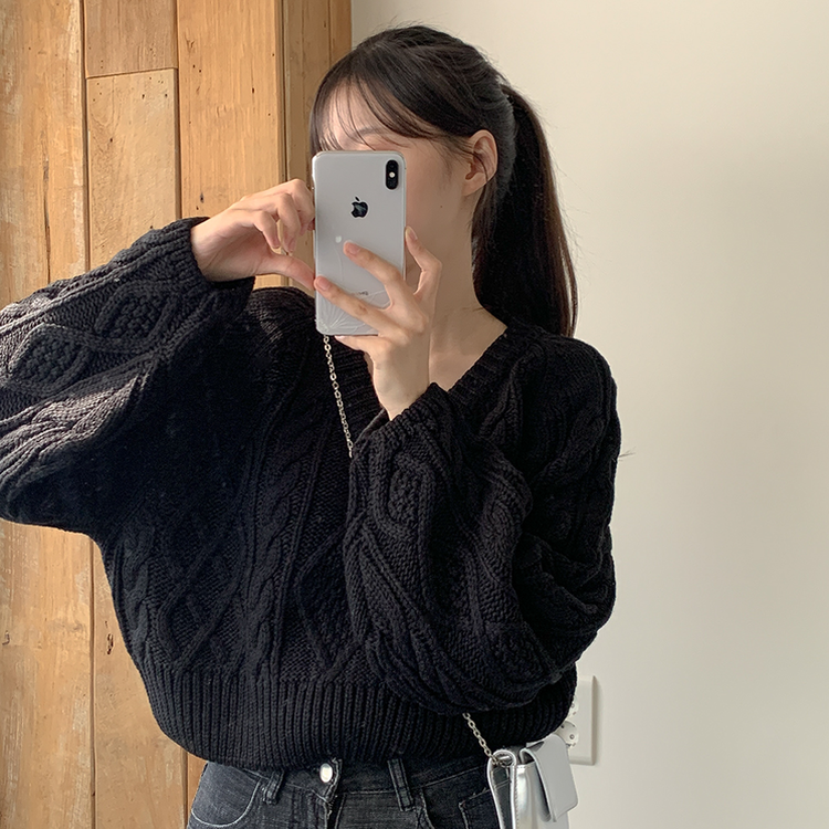ケーブルVネックニット(6color) BLACK