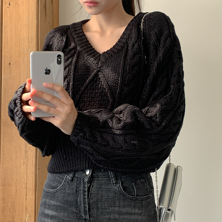 ケーブルVネックニット(6color) BLACK