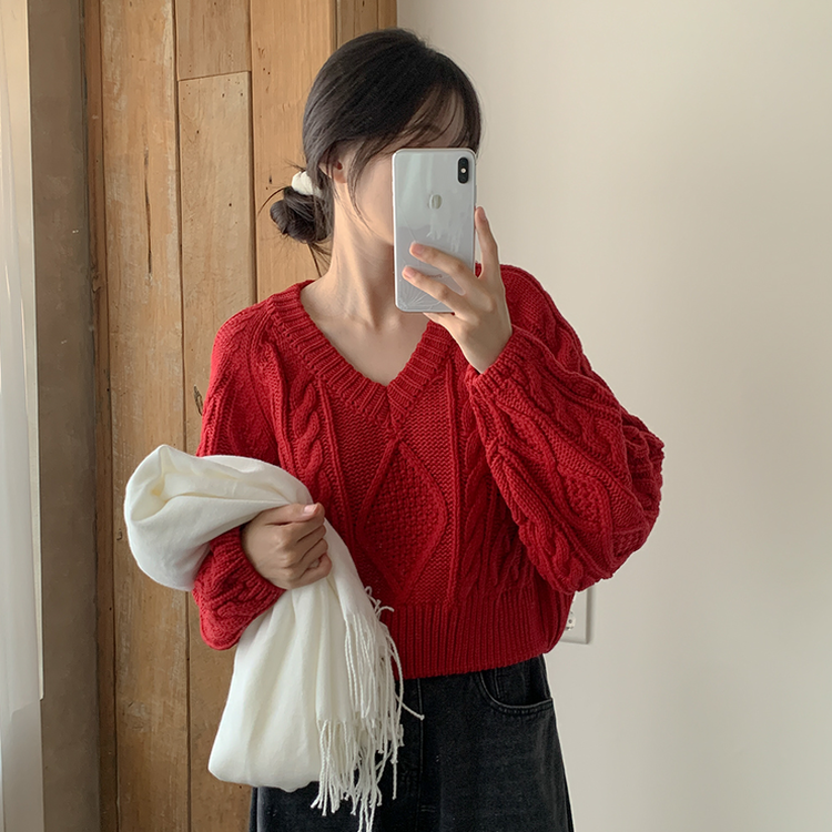 ケーブルVネックニット(6color) red