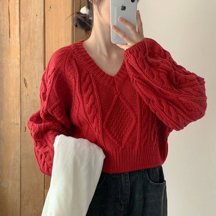ケーブルVネックニット(6color) red