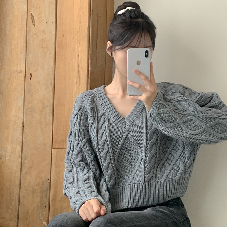 ケーブルVネックニット(6color) GRAY