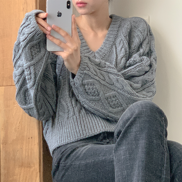 ケーブルVネックニット(6color) GRAY