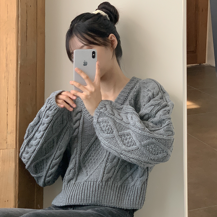 ケーブルVネックニット(6color) GRAY